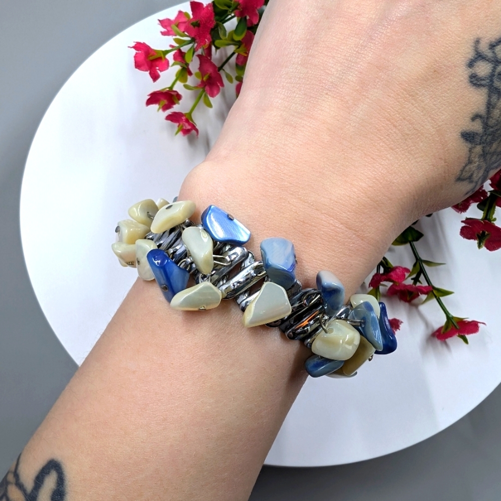 Genuine Mother of Pearl and Silver Super Expandable Vintage Bracelet